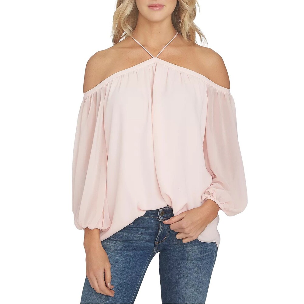 NWT 1.STATE Essentials Cold Shoulder Halter Neck Blouse Pink Taffeta Sz L